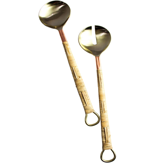 Brass Serving Spoons with Rattan Handles  – 2 Piece Set