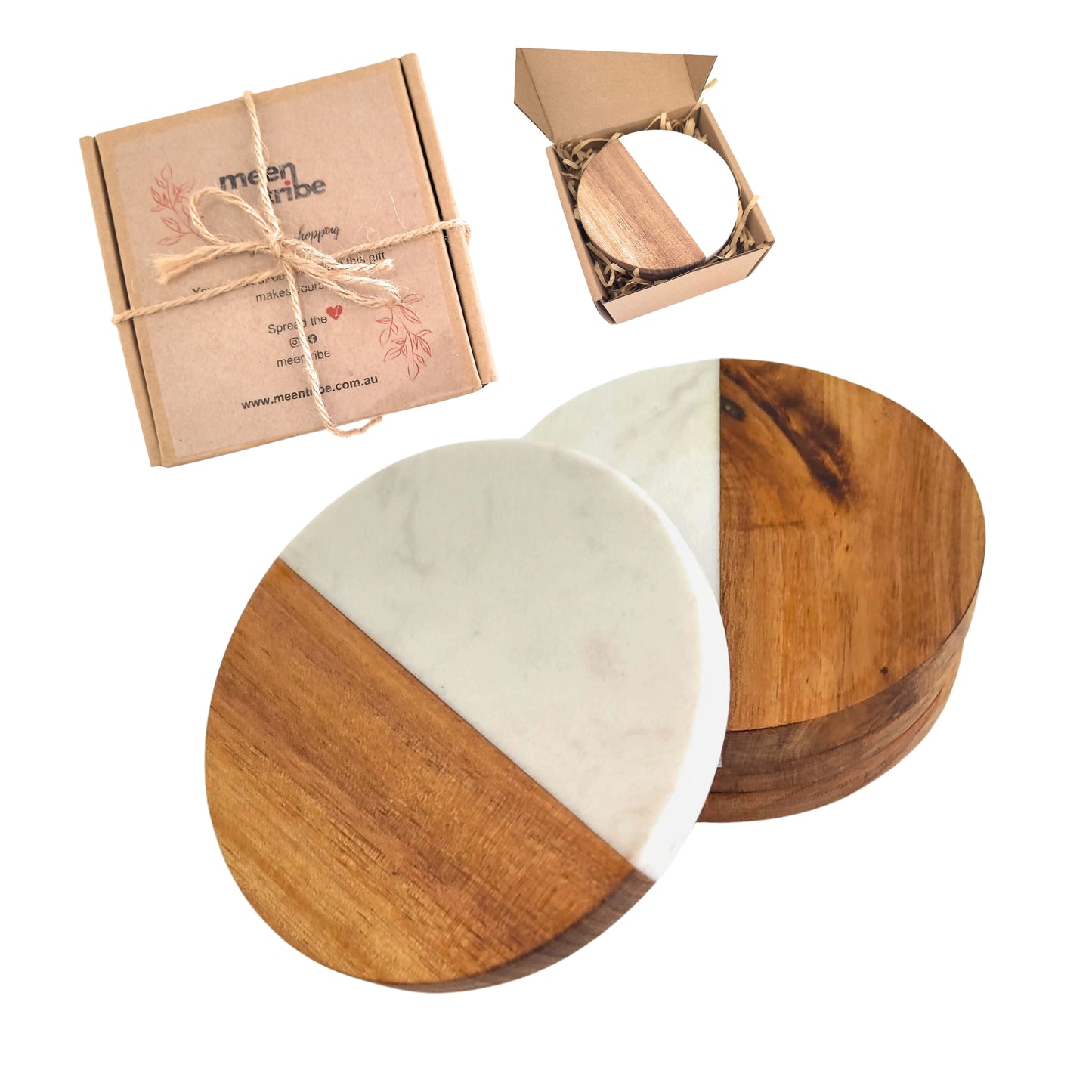 Acacia Wood & Marble Decorative Drink Coasters - Set of 4