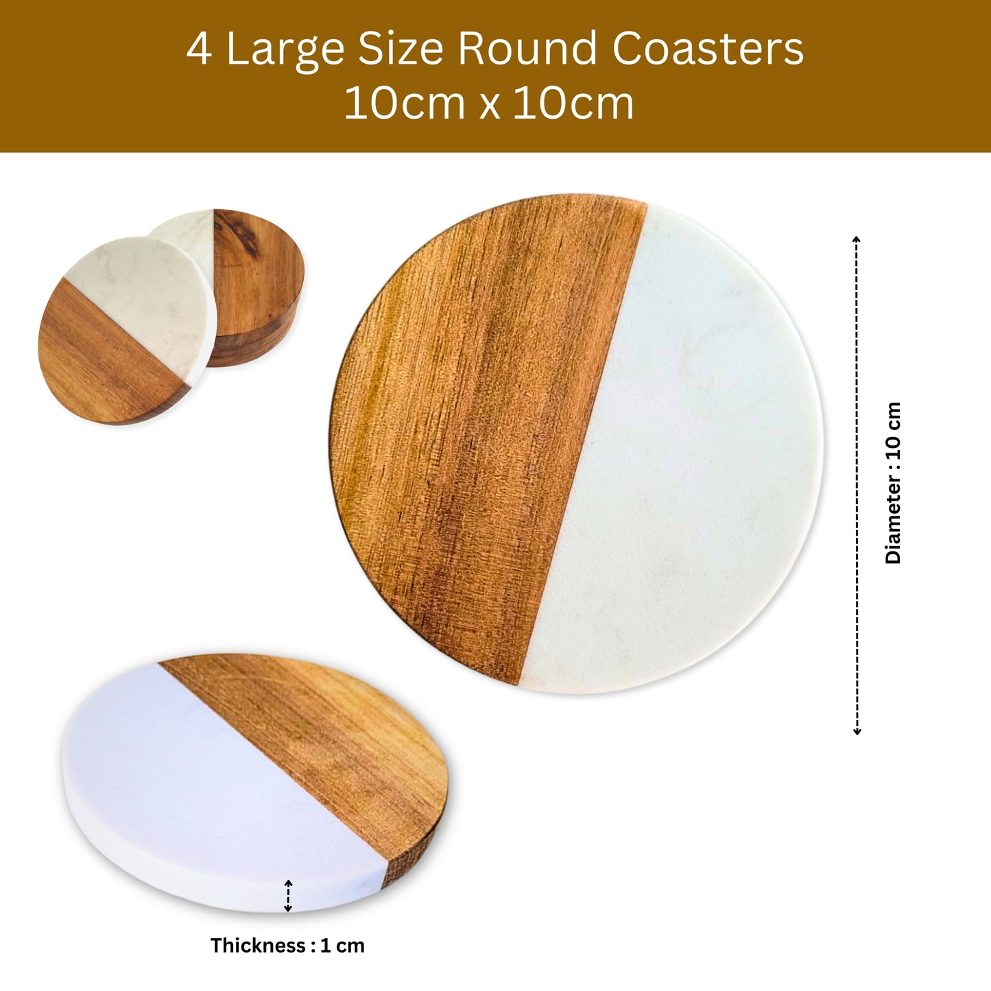 Acacia Wood & Marble Decorative Drink Coasters - Set of 4