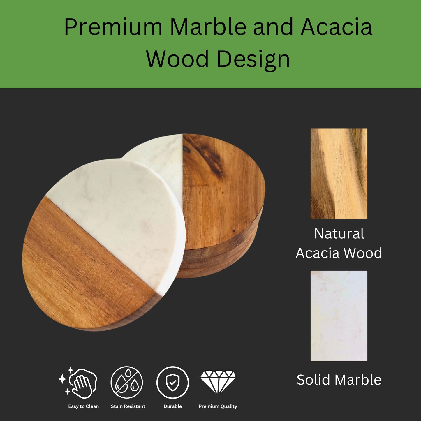 Acacia Wood & Marble Decorative Drink Coasters - Set of 4