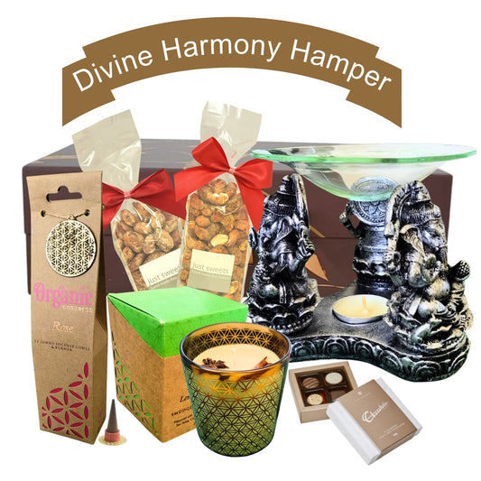 Divine Harmony Hamper with various items including a candle, incense, and packaging.