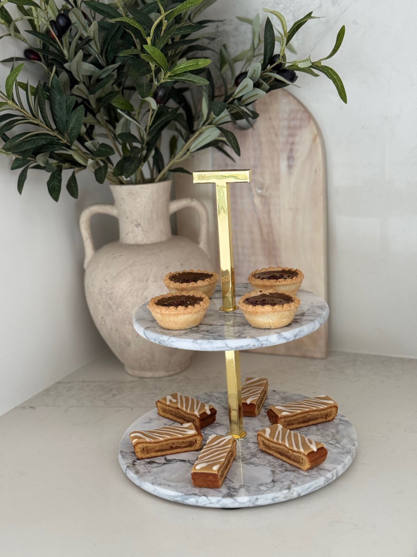 Premium Two-Tier Marble and Gold Serving Stand