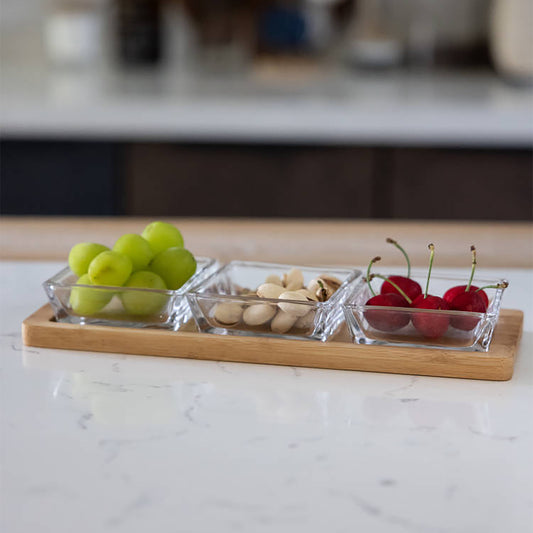 Square Glass Bowls With Tray - 4 Piece Set