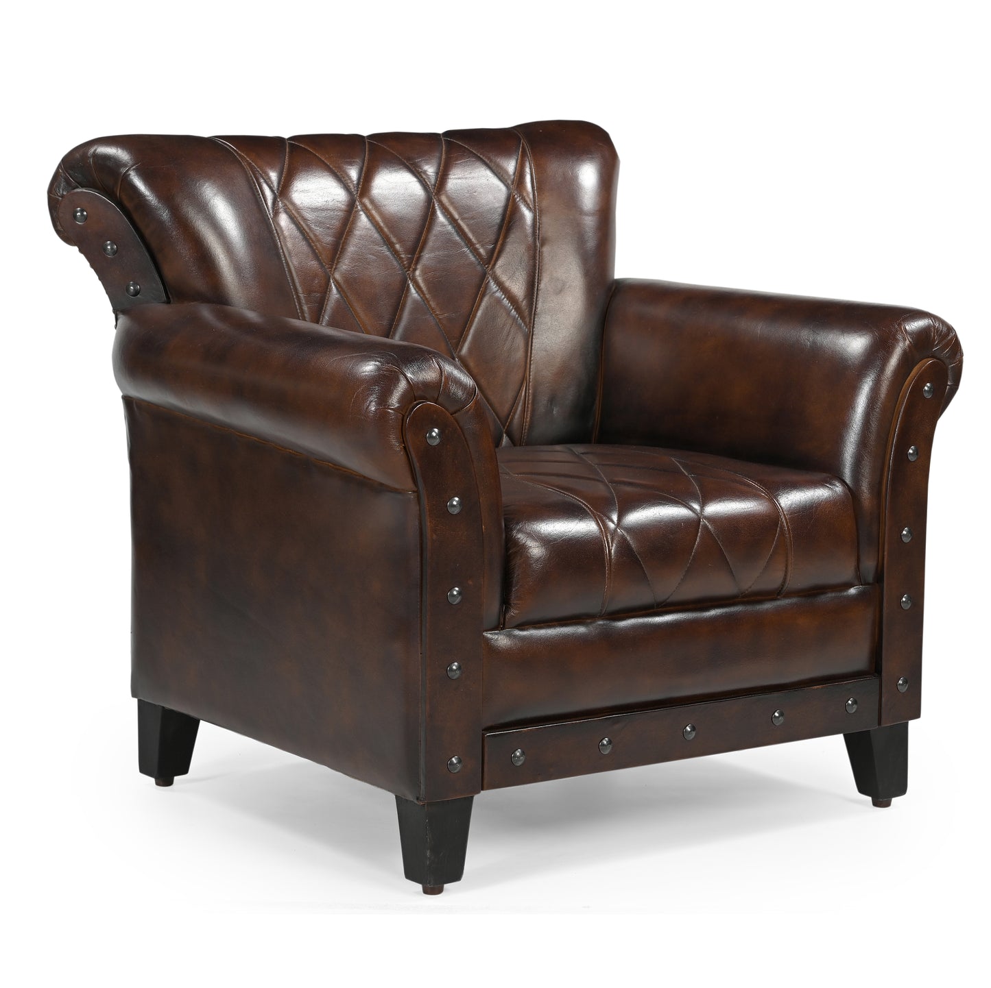 Dark Brown Studded Leather Arm Chair