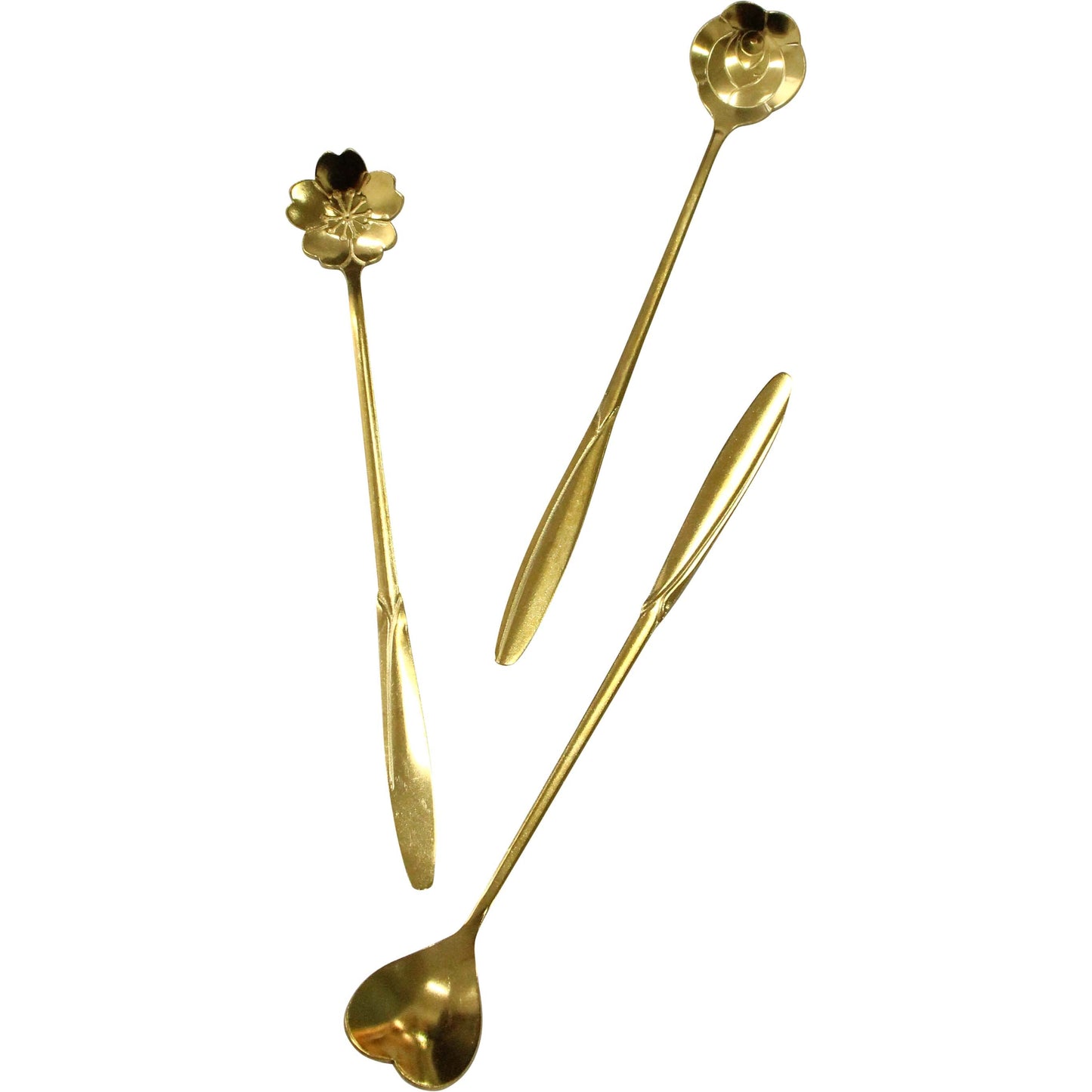 Flower and Heart Long Handle Spoons – Gold Metal Set of 3