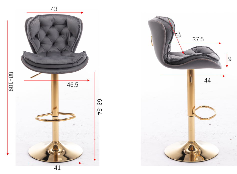 Plush Velvet Grey & Gold Bar Stool - Set of 2