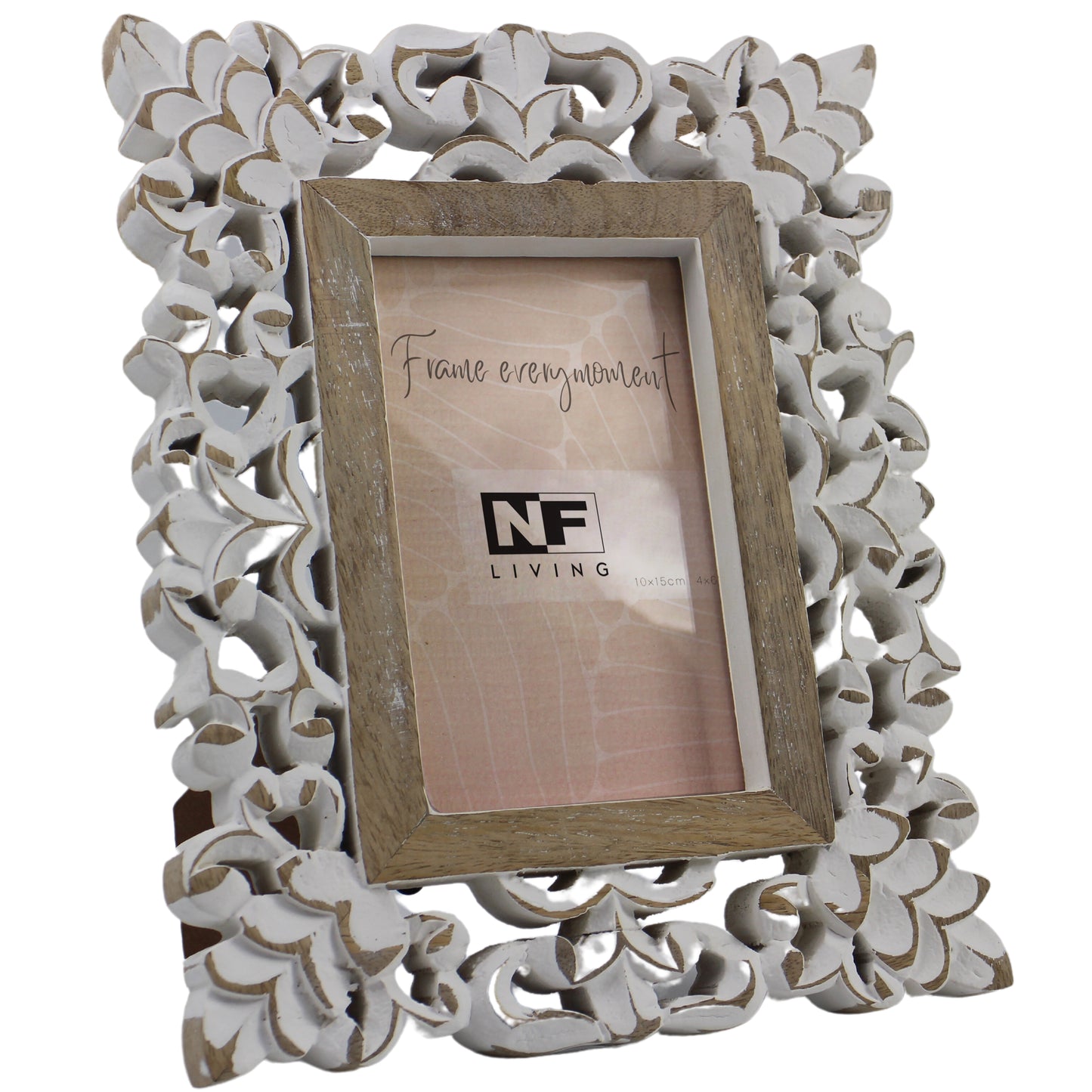 Mango Wood Ornate Photo Frame – Whitewashed Floral Carving & Easel Stand