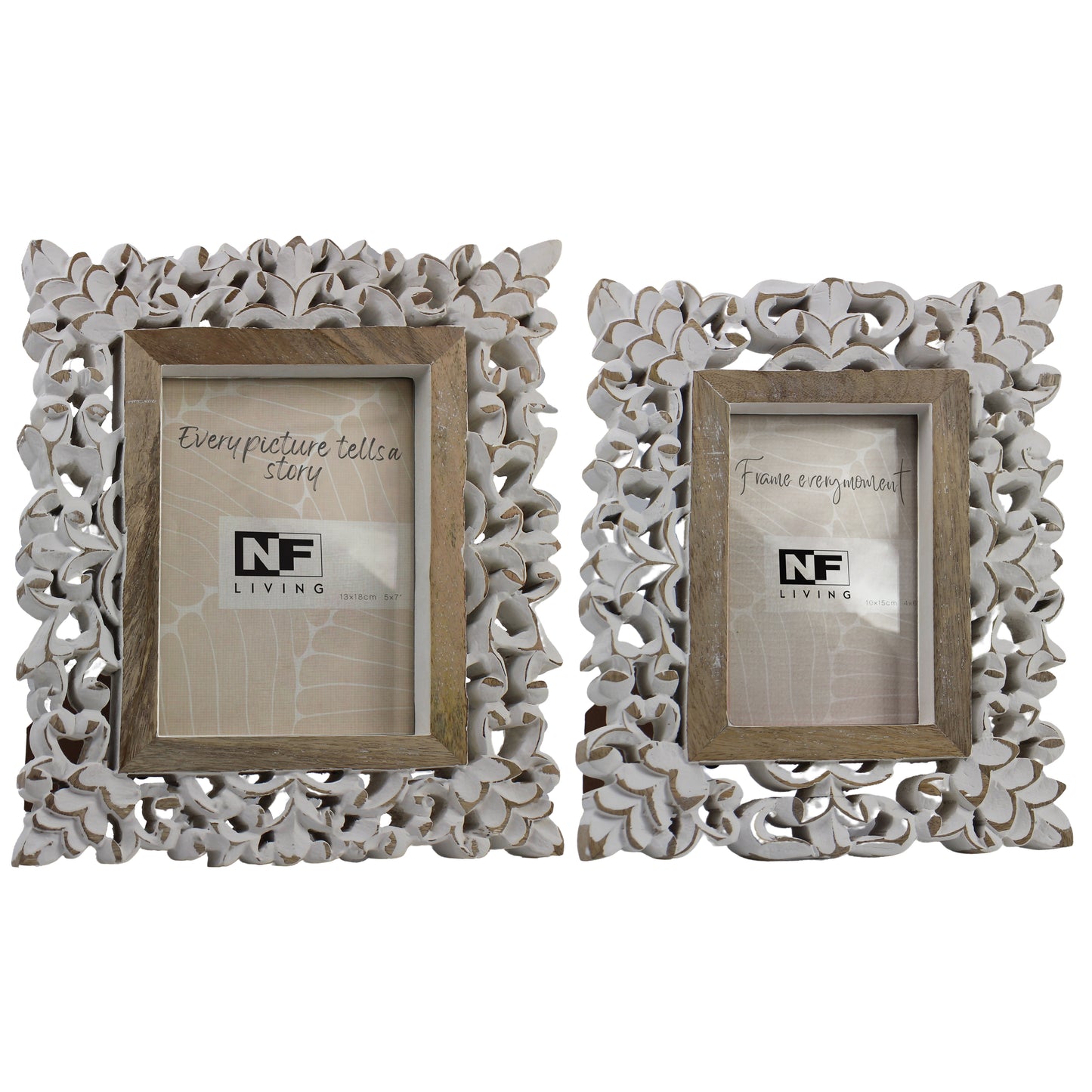 Mango Wood Ornate Photo Frame – Whitewashed Floral Carving & Easel Stand