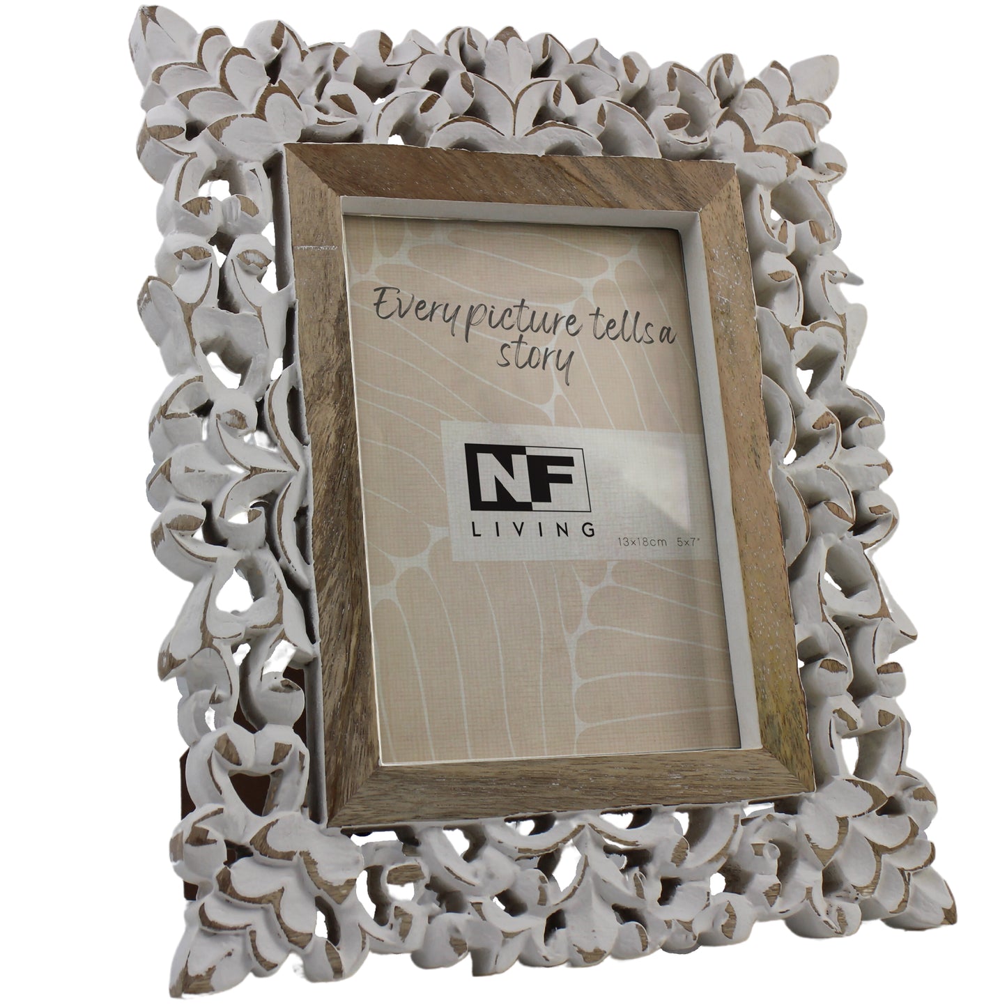 Mango Wood Ornate Photo Frame – Whitewashed Floral Carving & Easel Stand