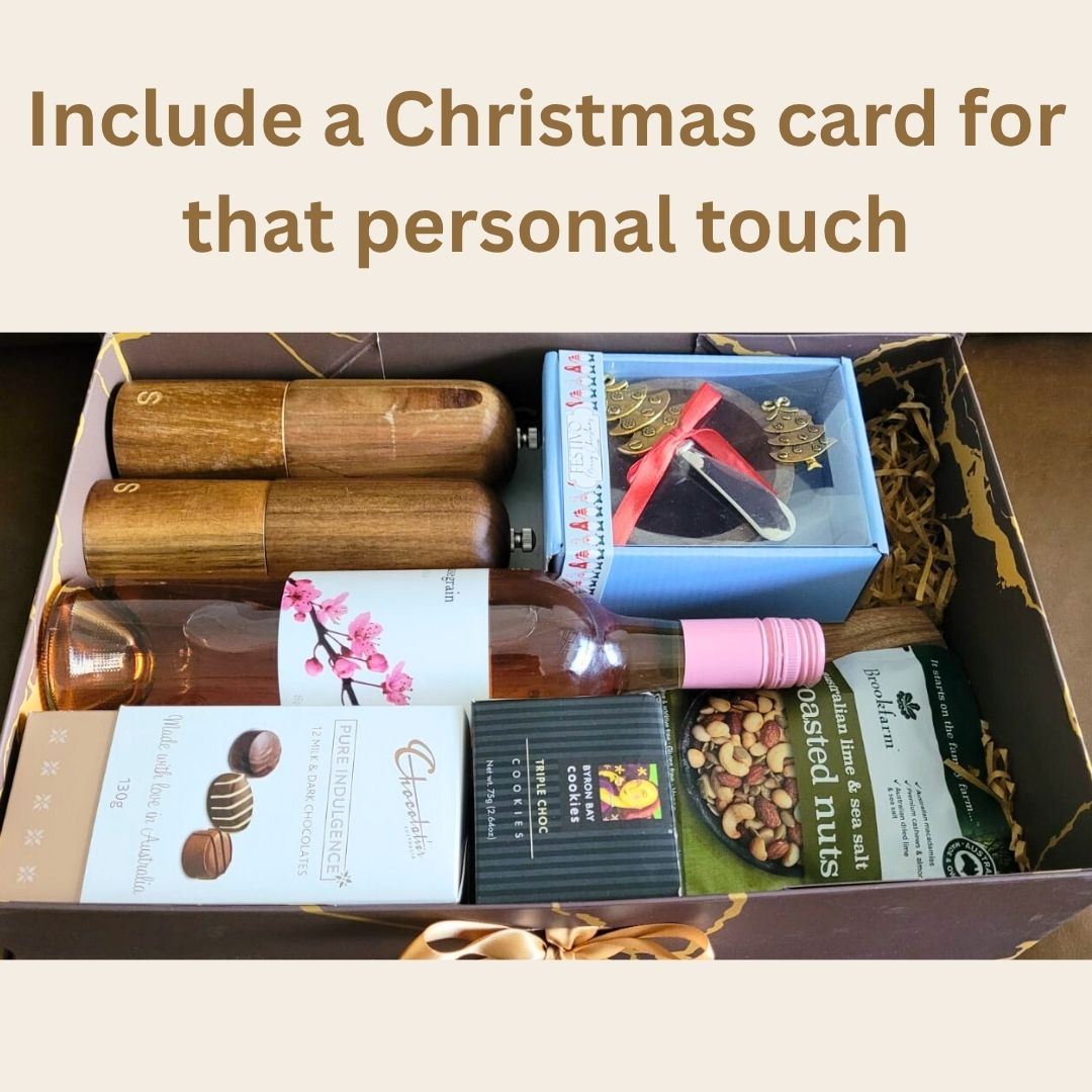 Ho Ho Ho Hamper packed in its gift box with a Christmas card for a personal touch