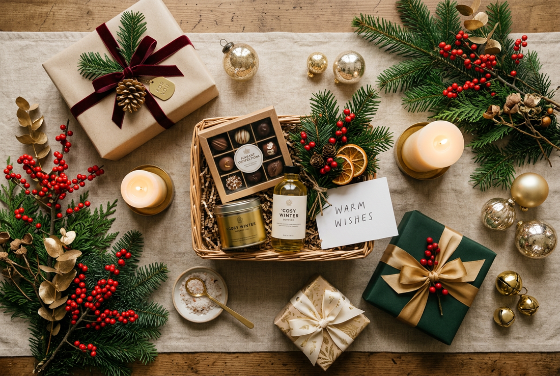 Christmas gift hampers wrapped with ribbons, candles and festive greenery