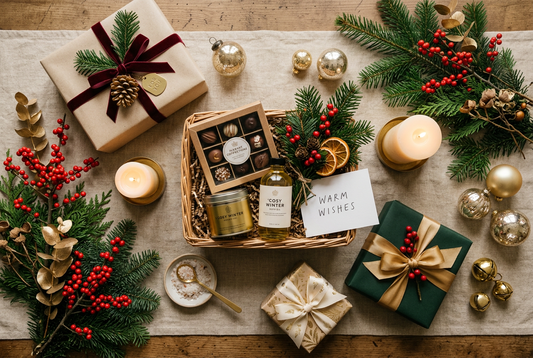 Christmas gift hampers wrapped with ribbons, candles and festive greenery