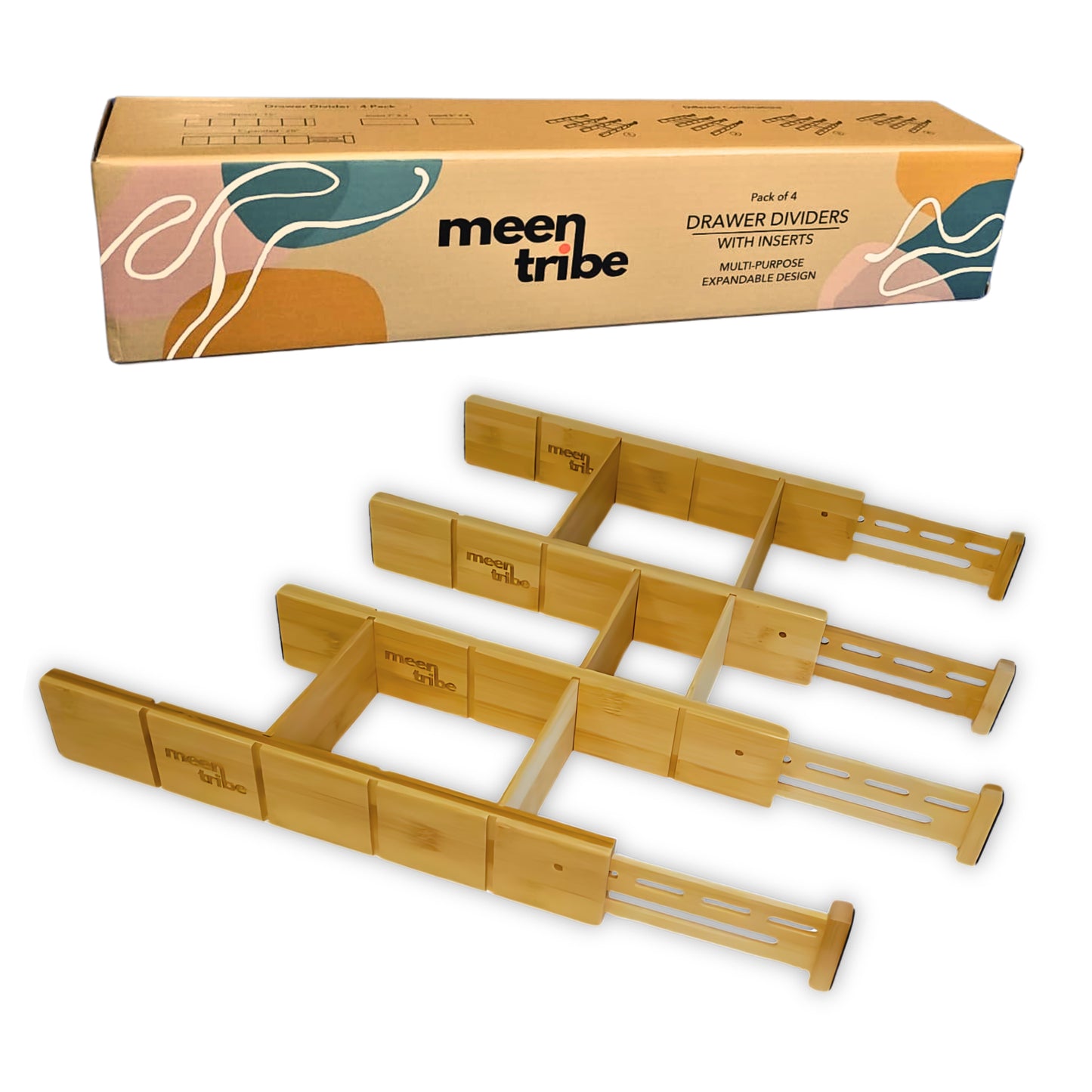 Bamboo Drawer Organisers with Inserts - 4 Pack