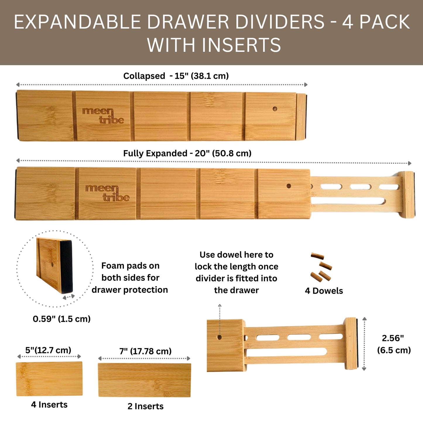 Bamboo Drawer Organisers with Inserts - 4 Pack