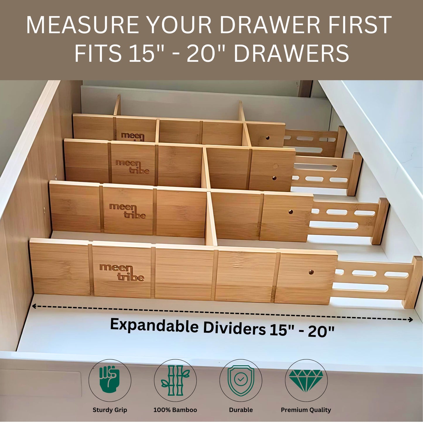 Bamboo Drawer Organisers with Inserts - 4 Pack
