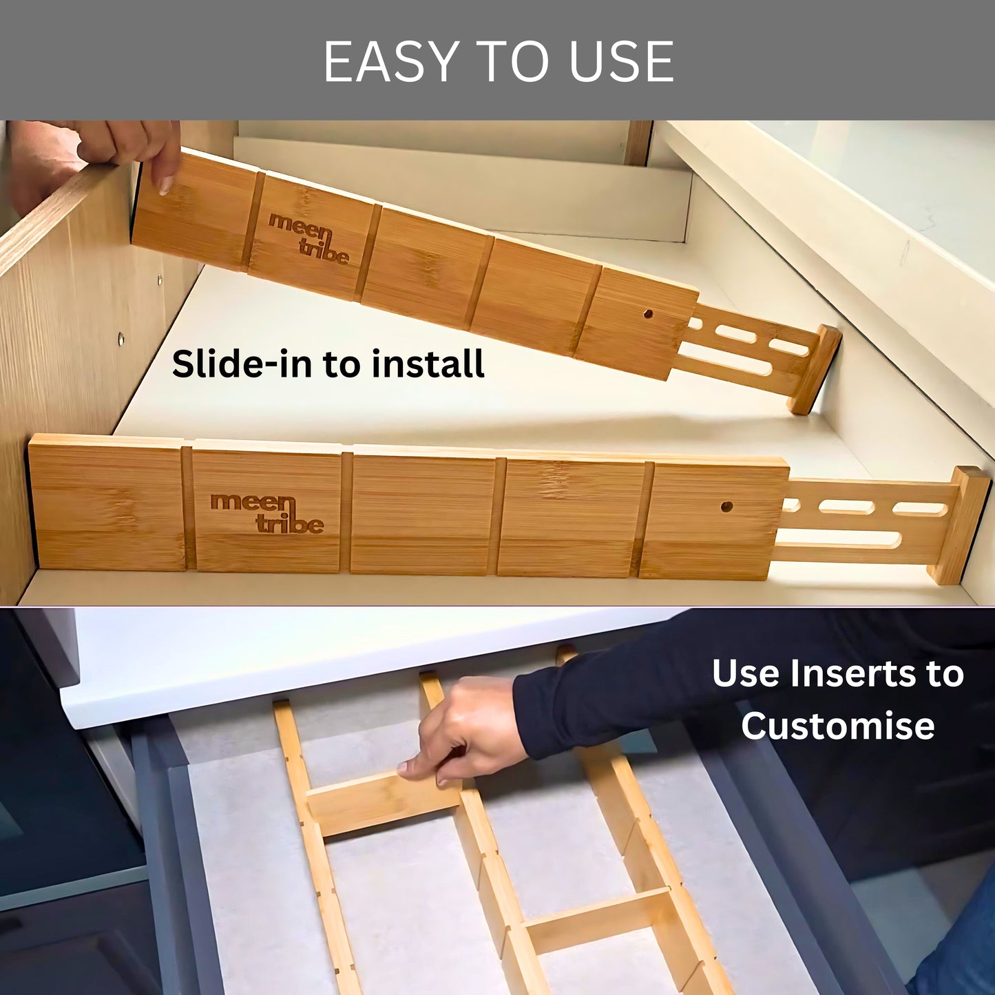 Bamboo Drawer Organisers with Inserts - 4 Pack