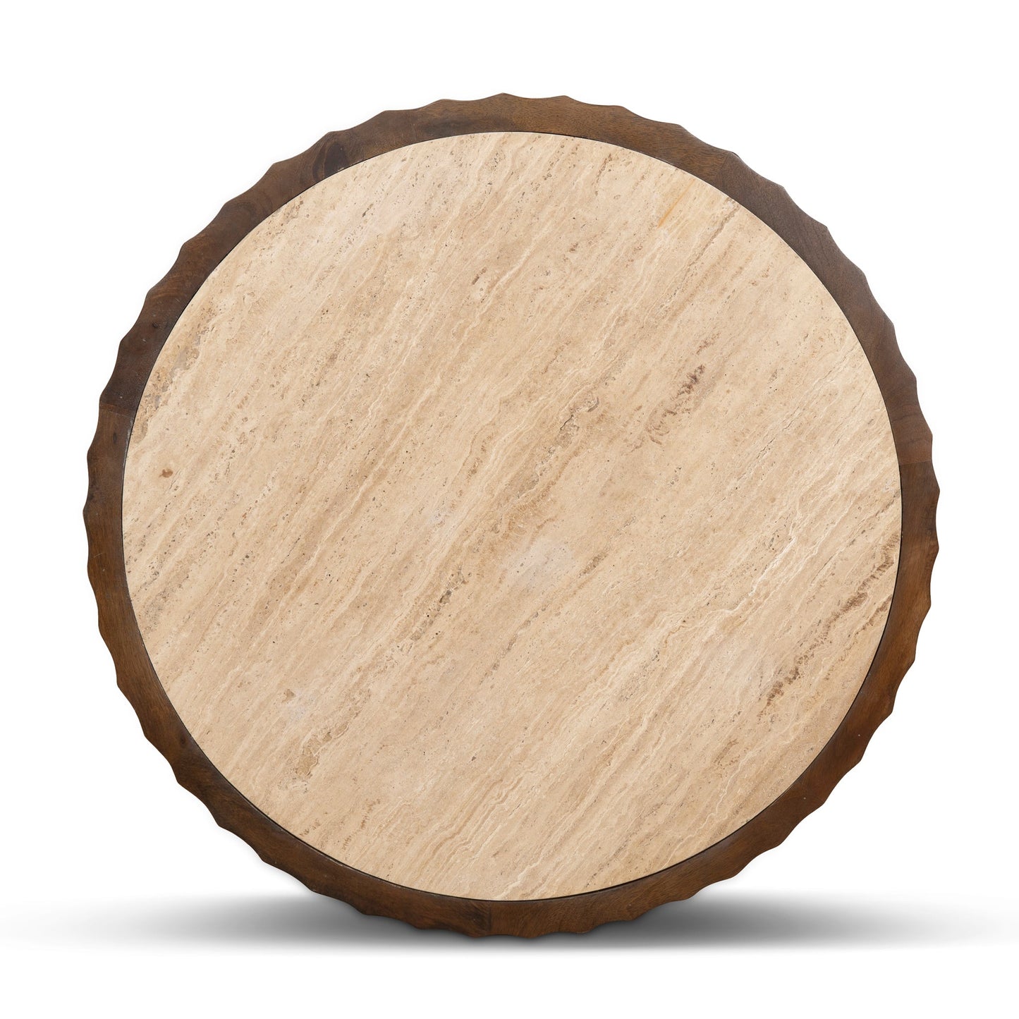 89cm Travertine Top Round Coffee Table - Walnut