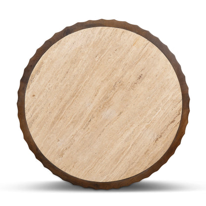 89cm Travertine Top Round Coffee Table - Walnut