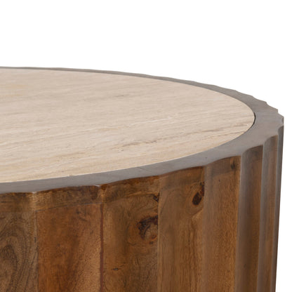 89cm Travertine Top Round Coffee Table - Walnut