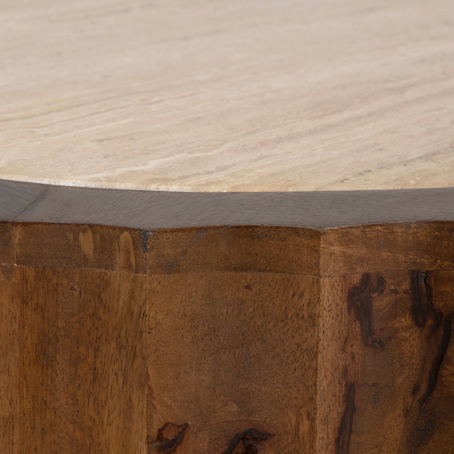 89cm Travertine Top Round Coffee Table - Walnut