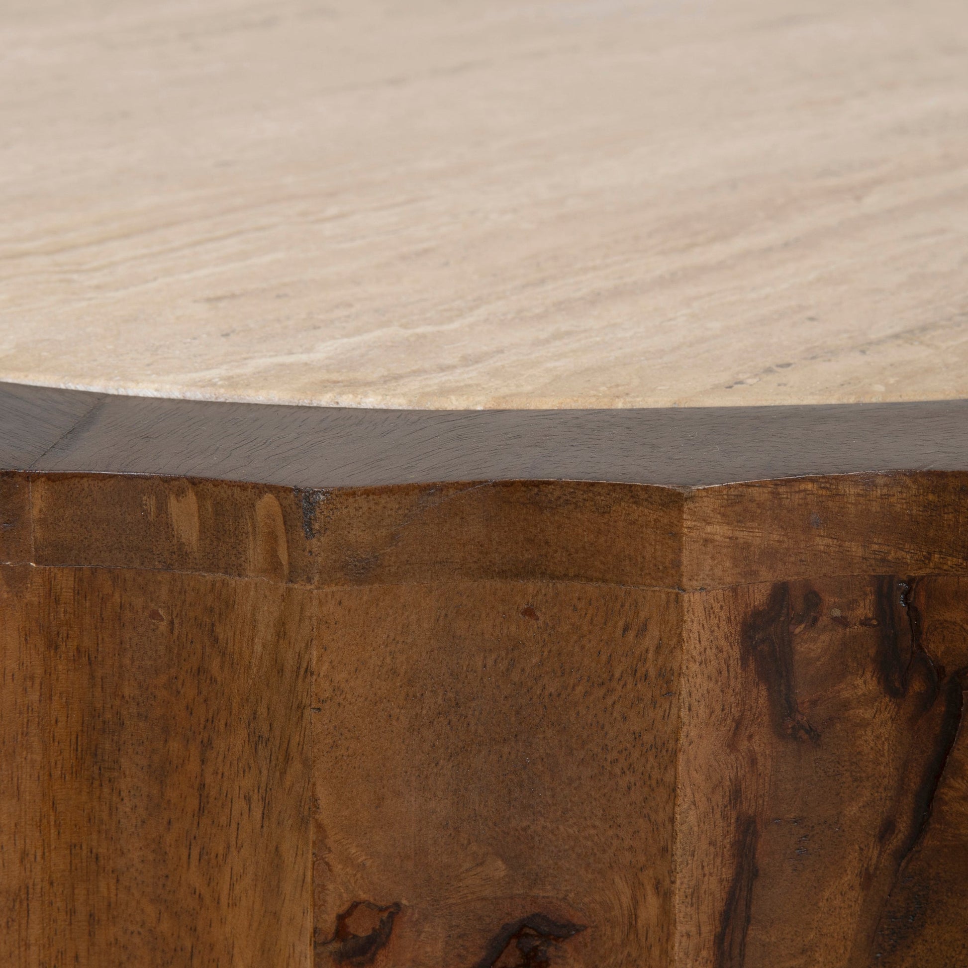 89cm Travertine Top Round Coffee Table - Walnut