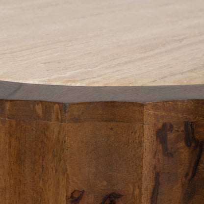 89cm Travertine Top Round Coffee Table - Walnut