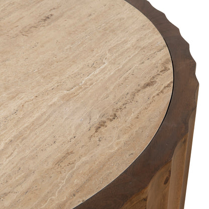 89cm Travertine Top Round Coffee Table - Walnut
