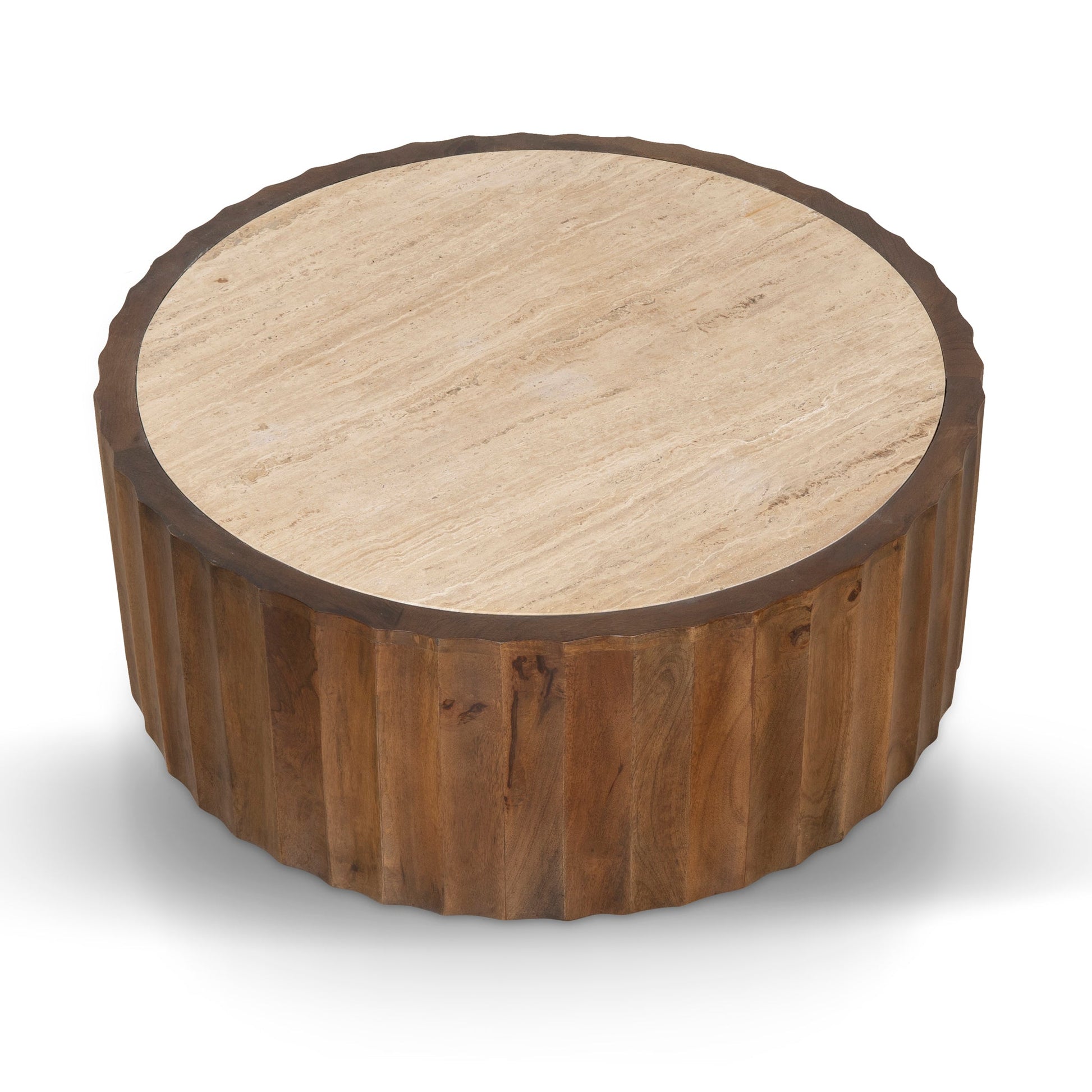 89cm Travertine Top Round Coffee Table - Walnut