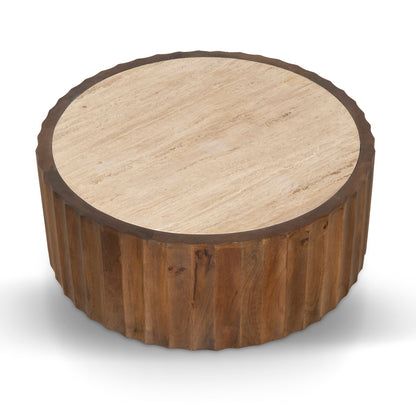 89cm Travertine Top Round Coffee Table - Walnut