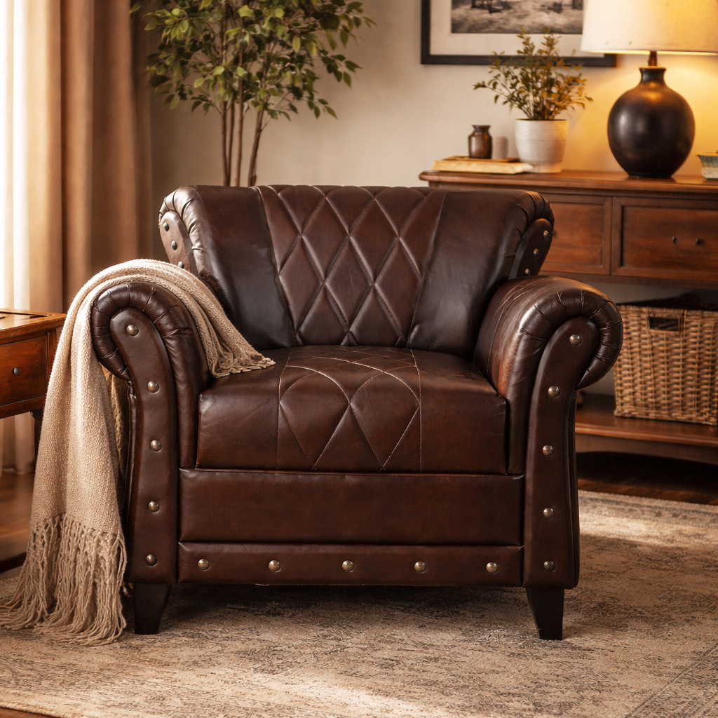 Dark Brown Studded Leather Arm Chair