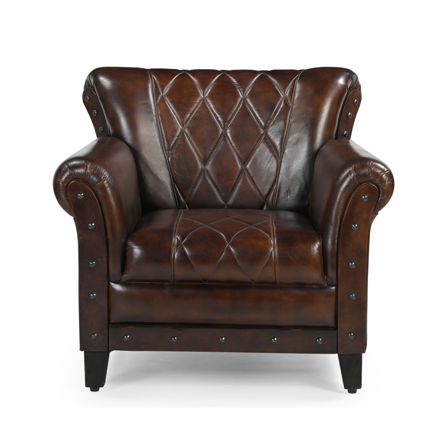 Dark Brown Studded Leather Arm Chair