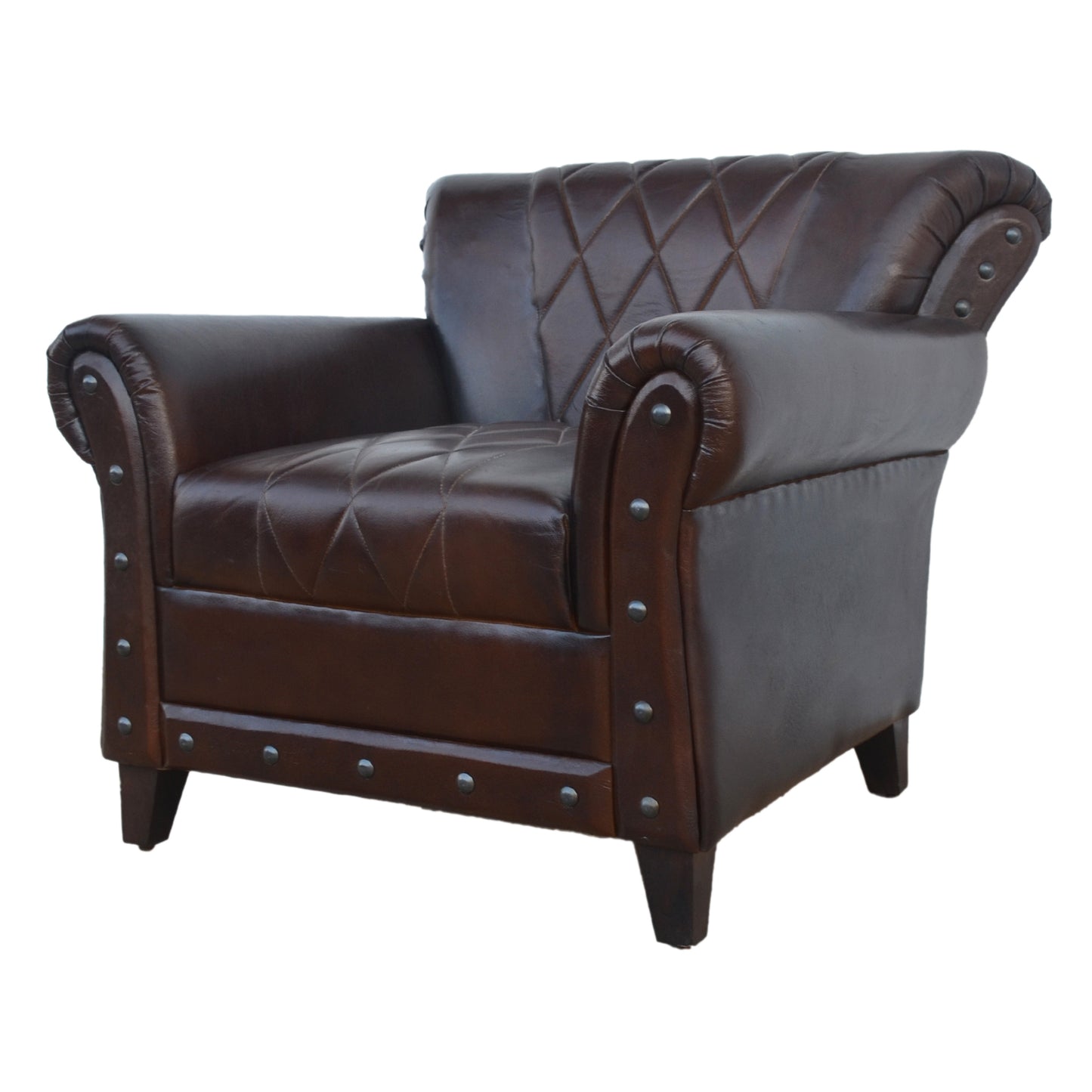 Dark Brown Studded Leather Arm Chair