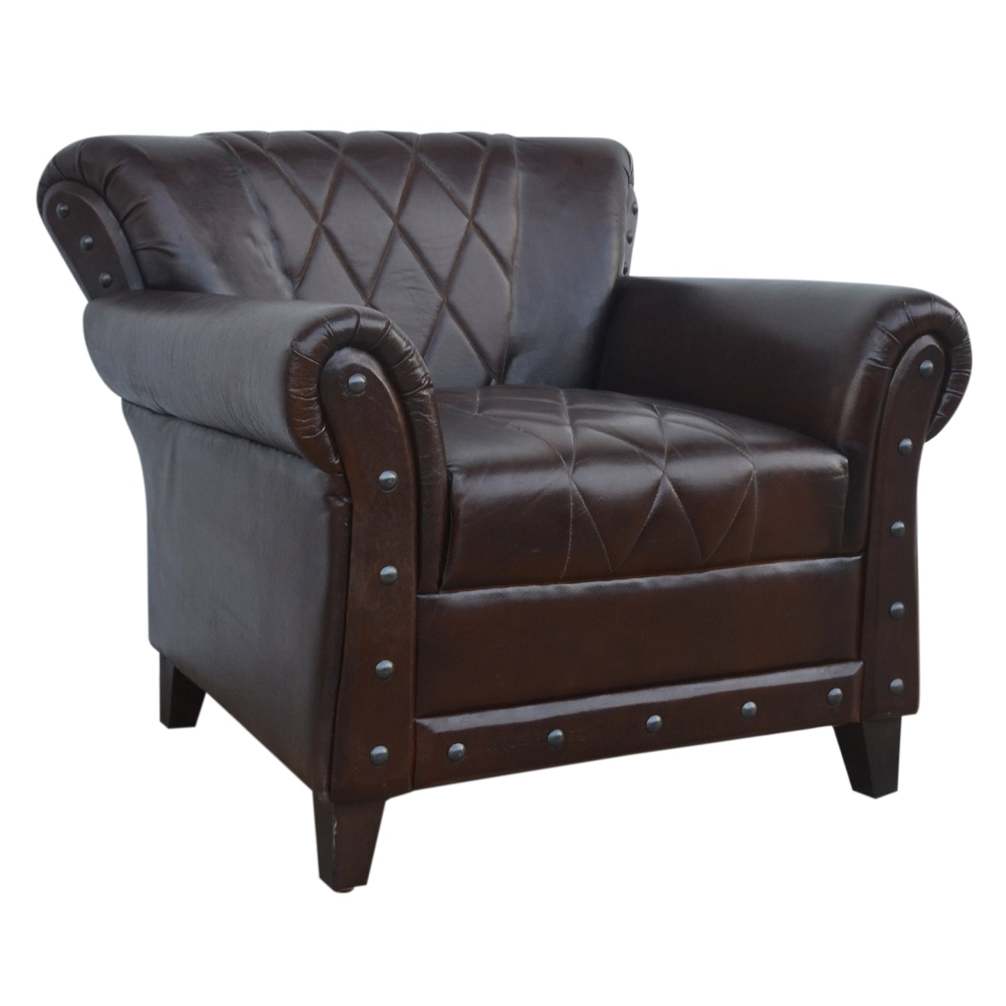 Dark Brown Studded Leather Arm Chair