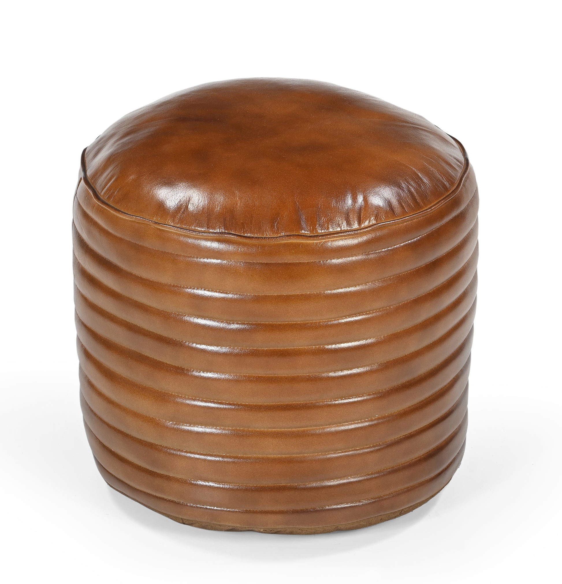 Caramel Grooved Leather Ottoman - Meen Tribe