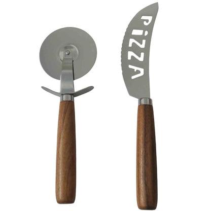 Acacia Wood & Steel 2 Piece Pizza Cutter Gift Set