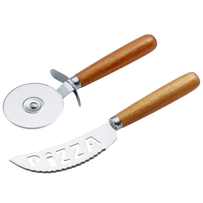 Acacia Wood & Steel 2 Piece Pizza Cutter Gift Set
