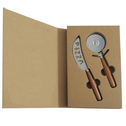 Acacia Wood & Steel 2 Piece Pizza Cutter Gift Set