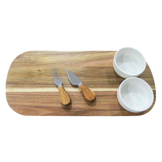 Acacia Wood Cheese Board with Ceramic Dipping Bowls - 5 Piece Gift set
