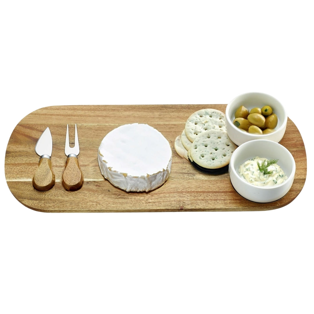 Acacia Wood Cheese Board with Ceramic Dipping Bowls - 5 Piece Gift set