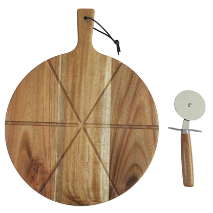 Acacia Wood & Steel Pizza Serving Board Set - 2 Piece