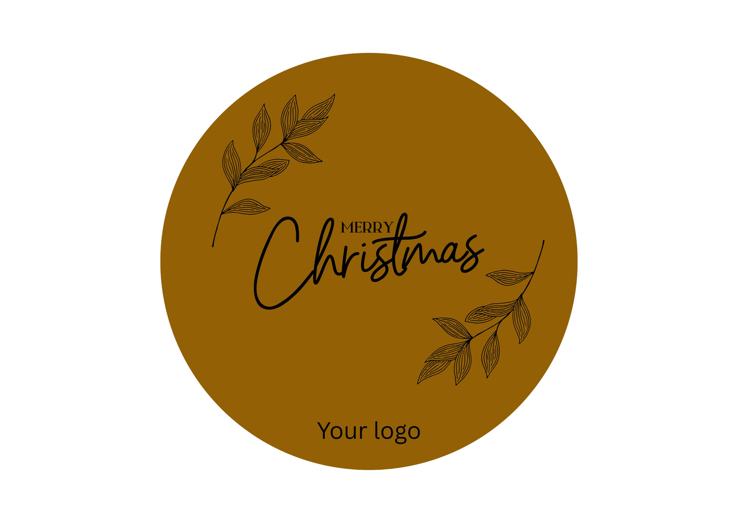 Round brown label with 'Merry Christmas' text and space for a logo on a white background
