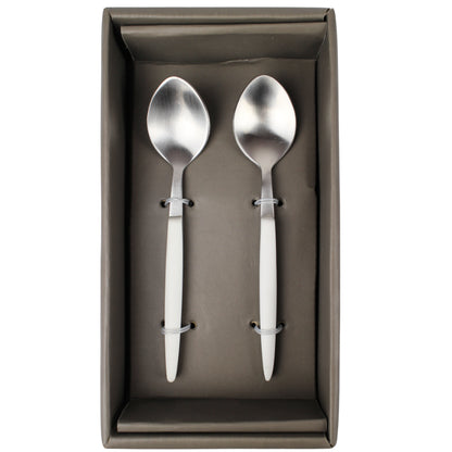 Steel Serving Spoons with White Handle - 2 Piece Set