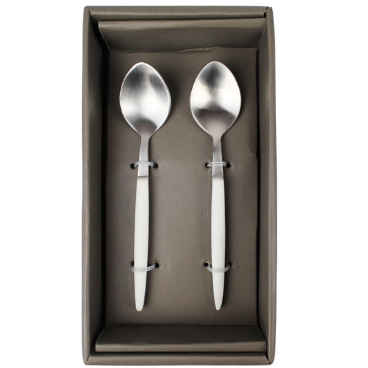 Steel Serving Spoons with White Handle - 2 Piece Set
