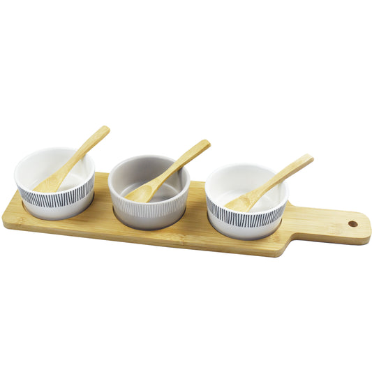 7-Piece Tapas Taster Paddle Set – Stoneware Bowls, Bamboo Spoons & Tray for Elegant Entertaining