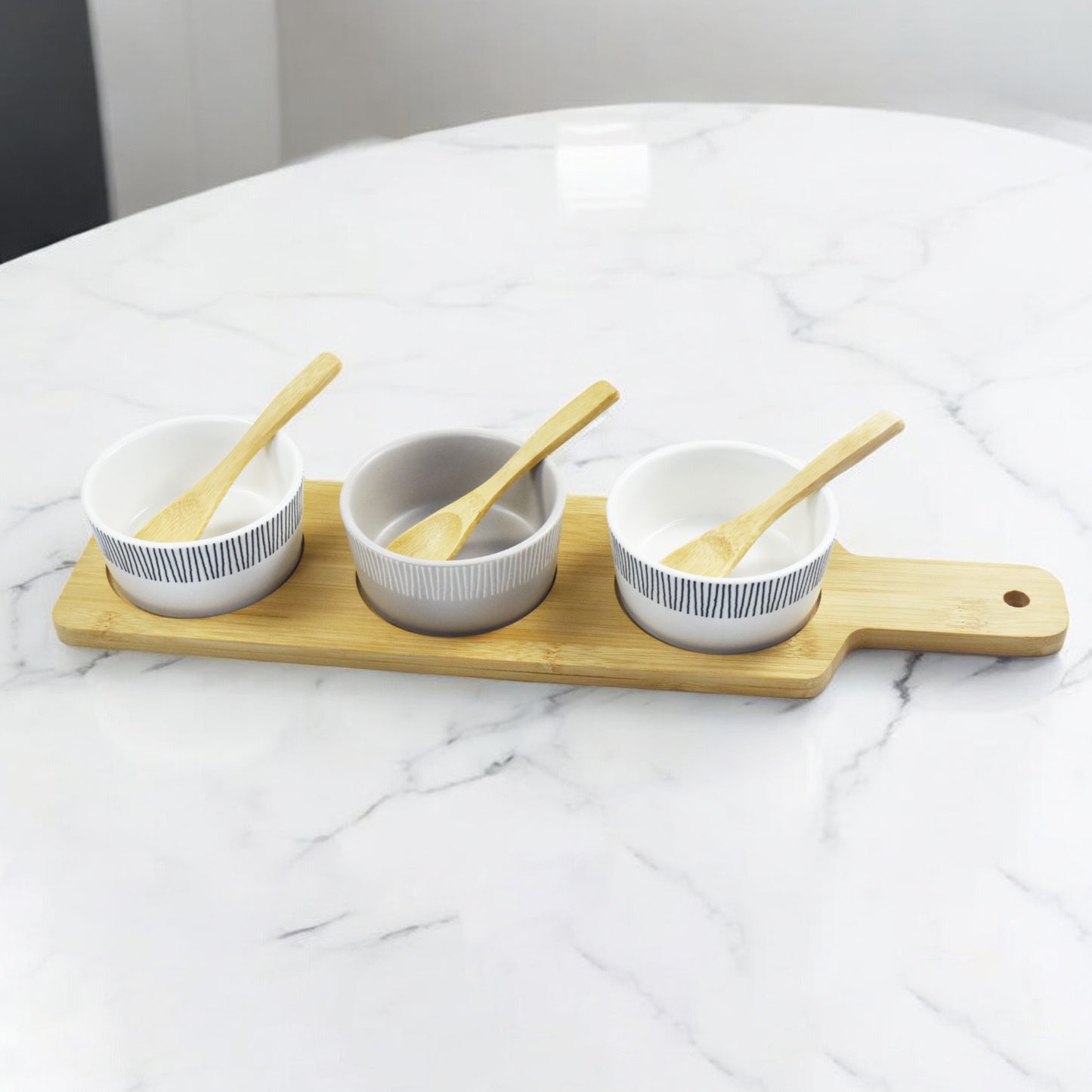 7-Piece Tapas Taster Paddle Set – Stoneware Bowls, Bamboo Spoons & Tray for Elegant Entertaining