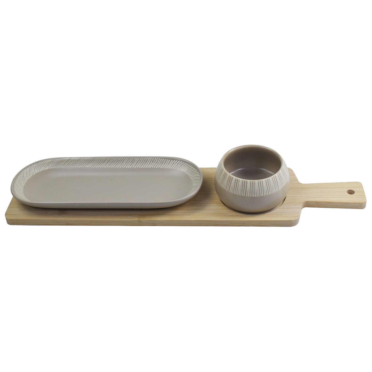 3-Piece Tapas Serving Set – Stoneware Bowl, Plate & Bamboo Tray for Stylish Entertaining