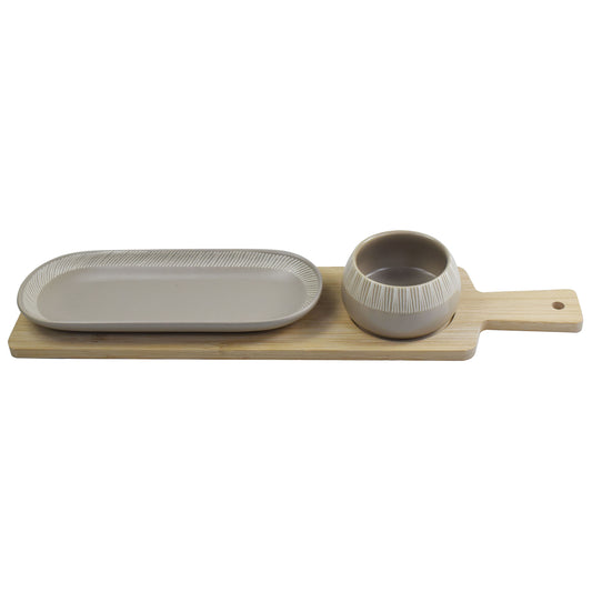 3-Piece Tapas Serving Set – Stoneware Bowl, Plate & Bamboo Tray for Stylish Entertaining