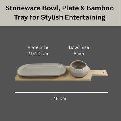 3-Piece Tapas Serving Set – Stoneware Bowl, Plate & Bamboo Tray for Stylish Entertaining