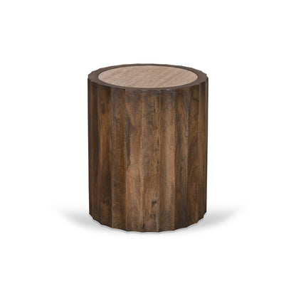 45cm Travertine Top Round Side Table - Walnut