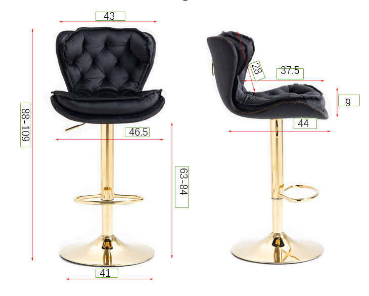 Plush Velvet Black & Gold Bar Stool - Set of 2